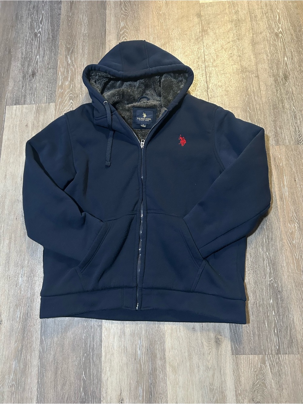 Navy Zip-Up Hoodie with Red Pony
